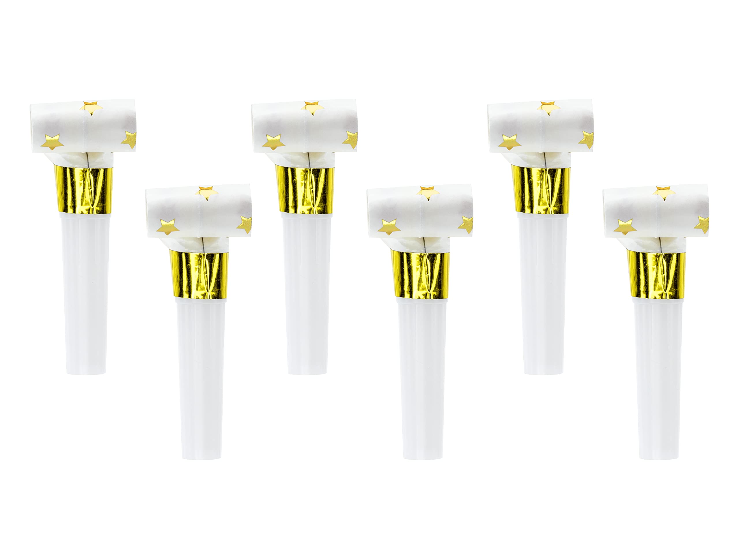 Partydeco sp. z o.o. sp. k. White paper whistles with golden stars for theme parties and for birthday parties, 6 pieces