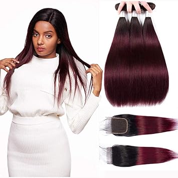 Amazon Com Ombre Human Peruvian Hair Bundles With Closure 1b 99j