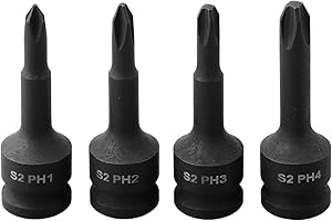 3/8-inch Socket Adapter, 4-Piece Set For Phillips Screwdriver Bits (PH1, PH2, PH3, PH4) — Forged Chrome Steel, Heat-Treated, 