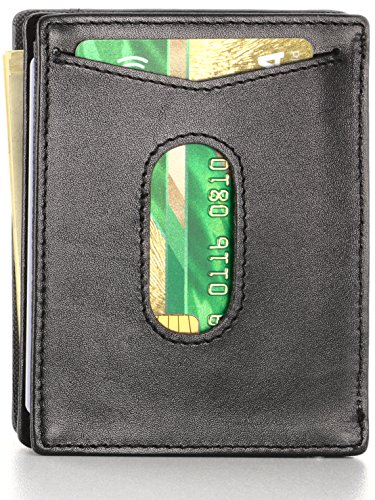 Compact RFID Card Sleeve Wallet Premium Leather Money Clip Card Holder for Up to 10 Cards