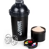 XTKS Shaker Bottle 18OZ Protein Shaker Bottles with Powder Storage &amp; Pill Case 500ML GYM Shaker Cup for Protein Mixes with Blending Ball Leak Proof Mixer Bottle for Pre Workout,BPA Free(black)