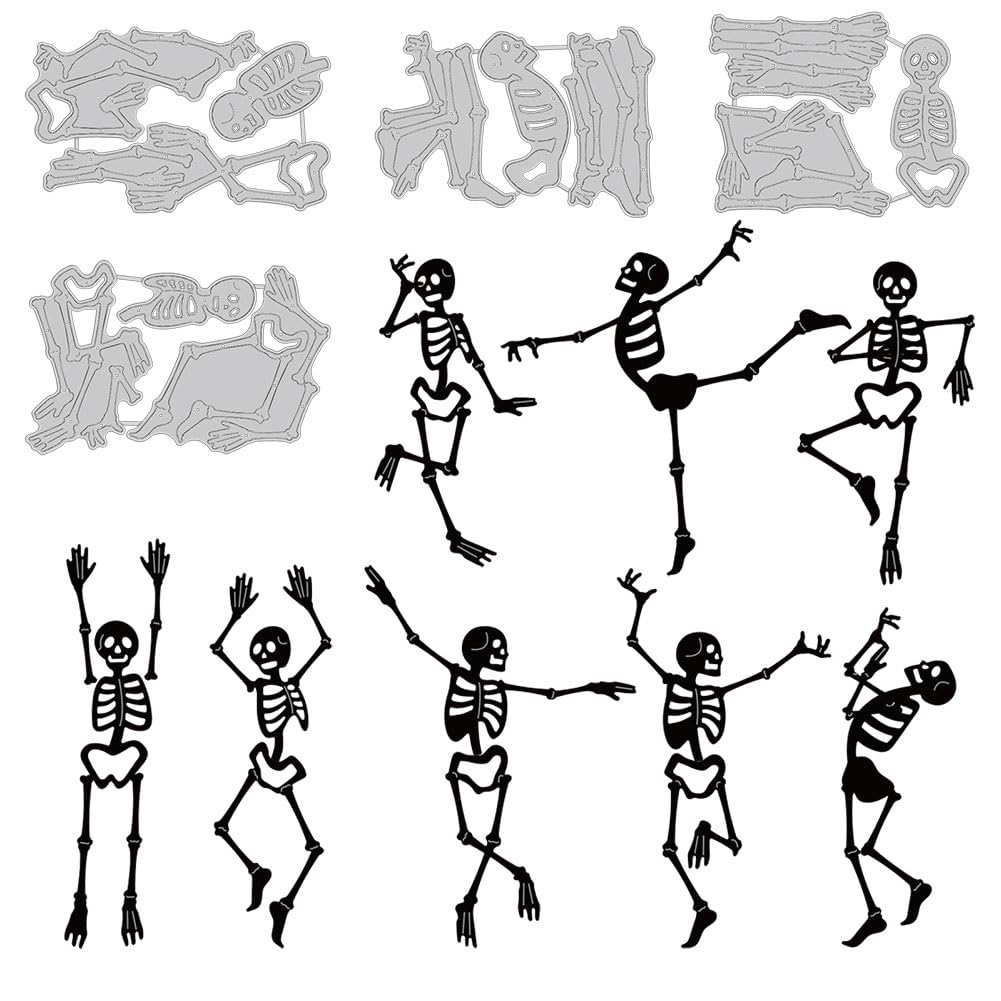 BENECREAT 4PCS 8 Styles Dancing Skeleton Carbon Steel Cutting Dies Stencils, Halloween Skeleton Metal Embossing Stencil for DIY Scrapbooking Album Paper Cards Decorative Craft