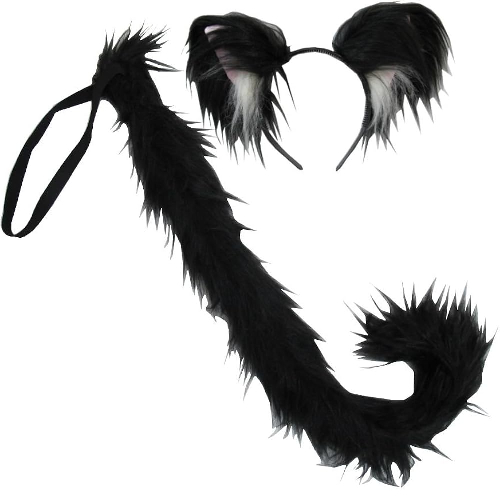 Adult Black Cat Furry Ear Headband Tail Kitty Set Halloween