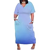 SUZONANA Women Casual T-Shirt Dress V Neck Short Sleeve Solid Color Oversize Dress with Front Two Pockets