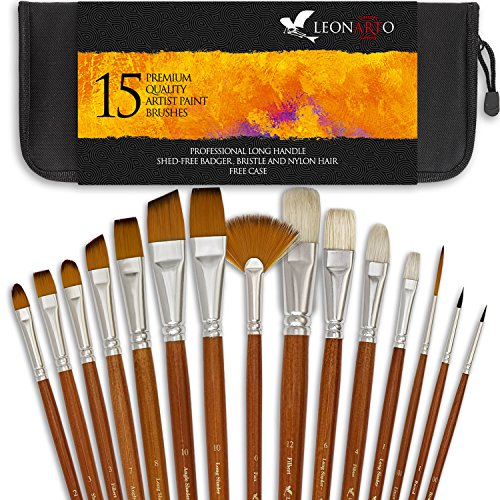 Paint brushes set - Acrylic Oil Watercolor Gouache painting Brushes - Badger hog bristle synthetic brushes - Artist Canvas Art Paint Brush Kit with a Free Pop Up Case - Long Handles - 15 Pieces