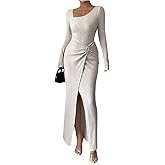 SOLY HUX Women's Long Sleeve Bodycon Dress Asymmetrical Neck Cocktail Party Slit Maxi Dresses