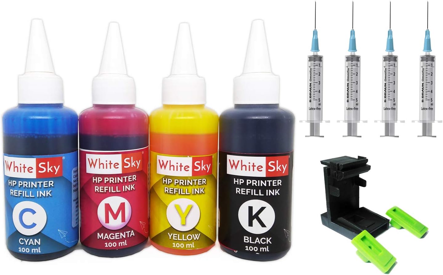 White Sky Refill Ink for HP Printer Cartridges with Suction Tool (100ml x 4) for HP 680, 678, 803, 802, 818, 685, 46 (Compatible 400ml)