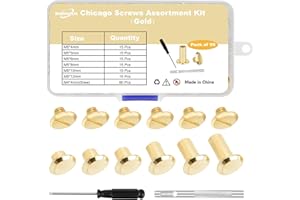 DNHOUL 90Sets Chicago Screws Leather Rivets Assorted Screw Rivet M5 Chicago Leather Screw for Decoration and DIY Leather Craft Belt Bag Shoes Purse Bookbinding（M5*4,5,6,8,10,12） (Gold)