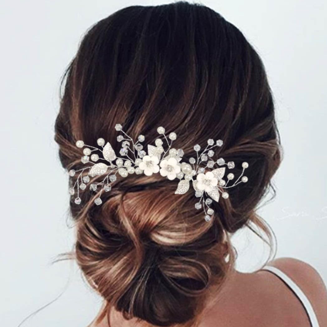Unicra Bride Wedding Hair Comb Pearl Hair Accessories Flower Bridal Headpiece for Women and Girls