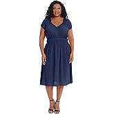 London Times Womens V-Neck Dress with Ruching Details at Shoulders and Waist