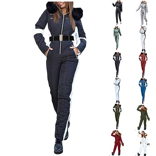 DFSDJEUW waterproof ski jacket womens Ski Suits for Women One Piece Waterproof Winter Warm Snow Skiing Sets Windproof Outdoor Sports Snowsuit Jumpsuit Snowboarding plus size trousers womens Black XL