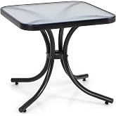 Giantex Small Outdoor Side Table with Tempered Glass Top, Heavy-Duty Metal Frame, 110 Lbs Capacity, Square Patio Table for Balcony, Porch, Backyard, Deck, Black