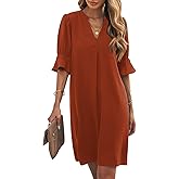 Wkior Shift Dress for Women V Neck Short Sleeves Solid Color Casual Flowy Summer Dresses(S-2XL)