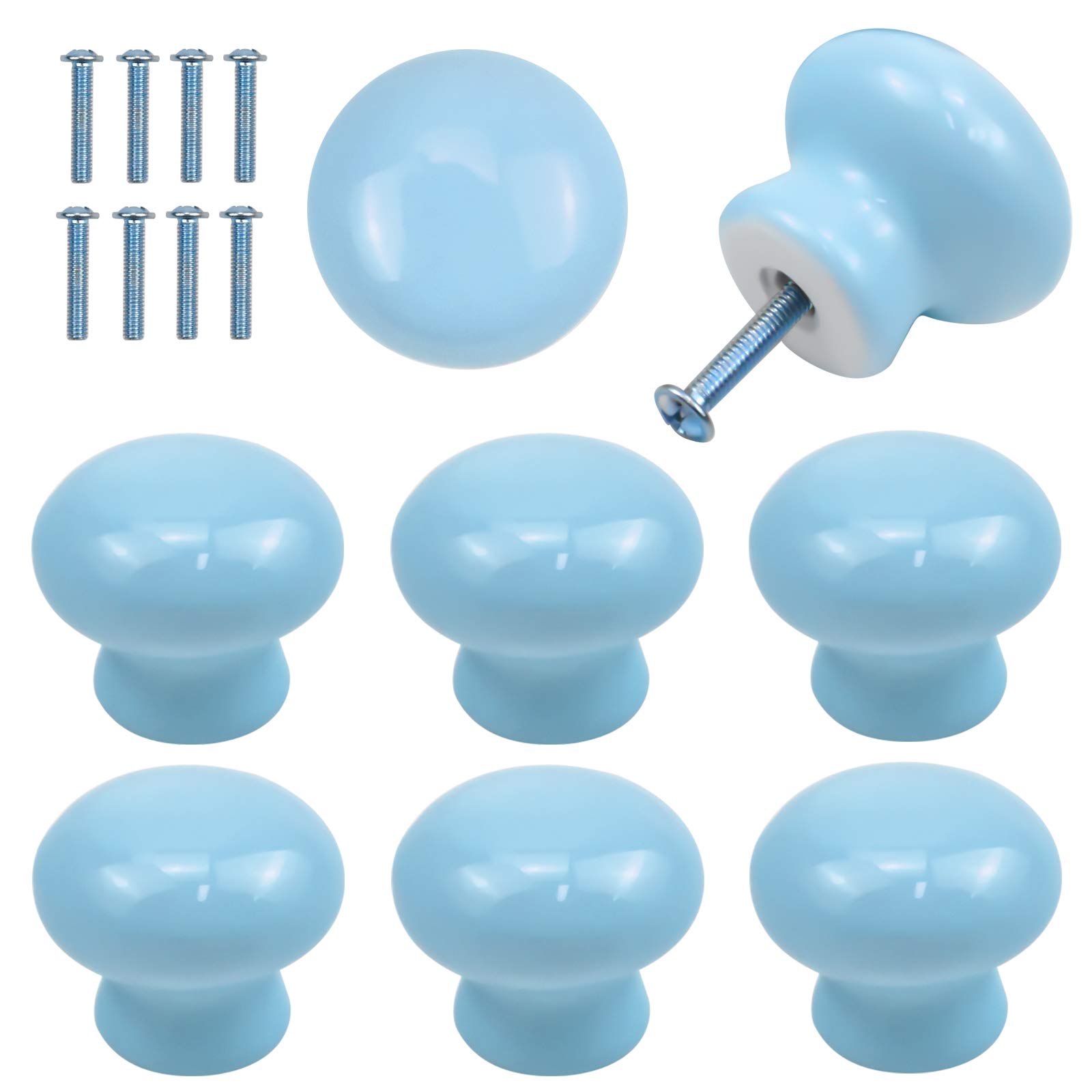 8 Pack Door Knobs for Kids, 35mm Round Cabinet Knobs, Blue Ceramic Cupboard Handles and Knobs, Furniture Pull Handles with Screws for Drawer, Wardrobes, Interior Doors, Kitchen ,Living Room (Blue)
