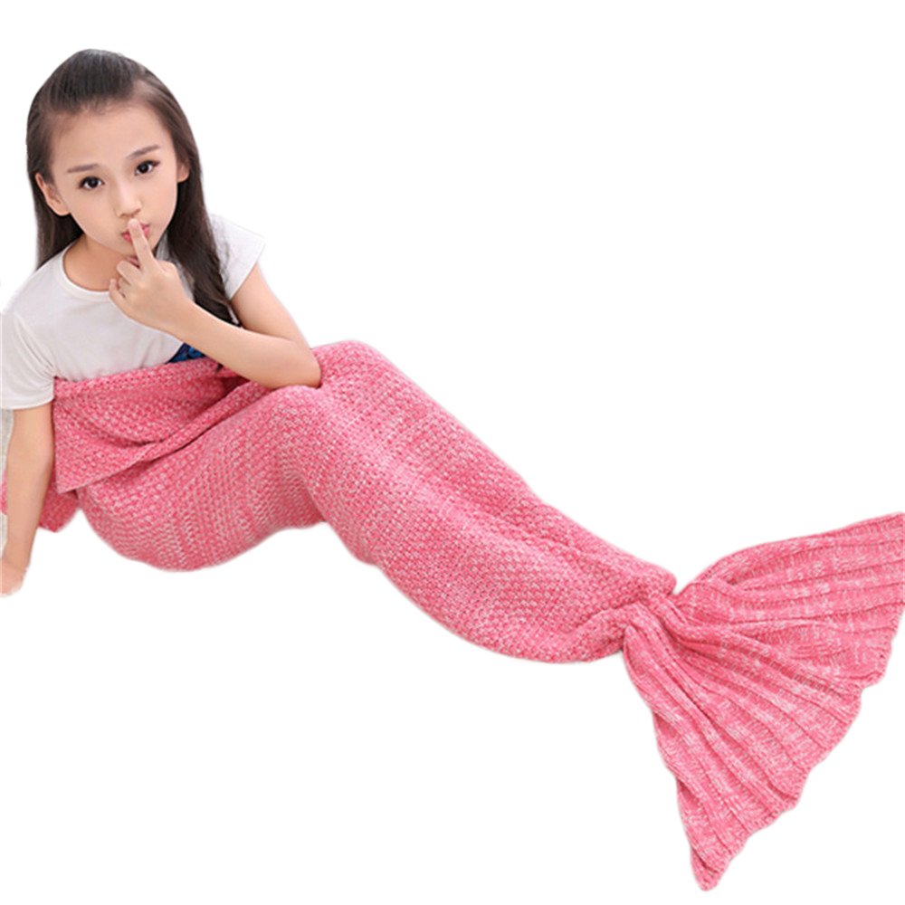 AIDUE Kids Mermaid Tail Blankets,Handmade Crochet Sofa Blankets Knitted Mermaid Bed Quilt Nap Sleeping Bag for Girls 140cmX70cm（55.1“x27.6”） (pink)