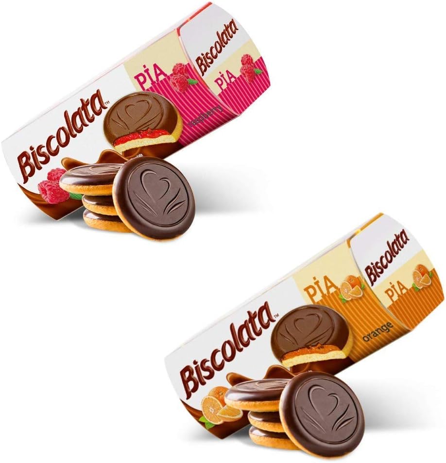 Biscolata Pia Cookies with Fruit Filling - 8 Pack (4 Raspberry 4 Orange) Snacks
