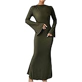 GORGLITTER Women's Bell Long Sleeve Cocktail Maxi Dress Crew Neck Bodycon Fishtail Casual Long Dresses