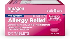 Amazon Basic Care Allergy Relief Diphenhydramine HCl 25 mg, Antihistamine Tablets for Symptoms Due to Hay Fever and Upper Res