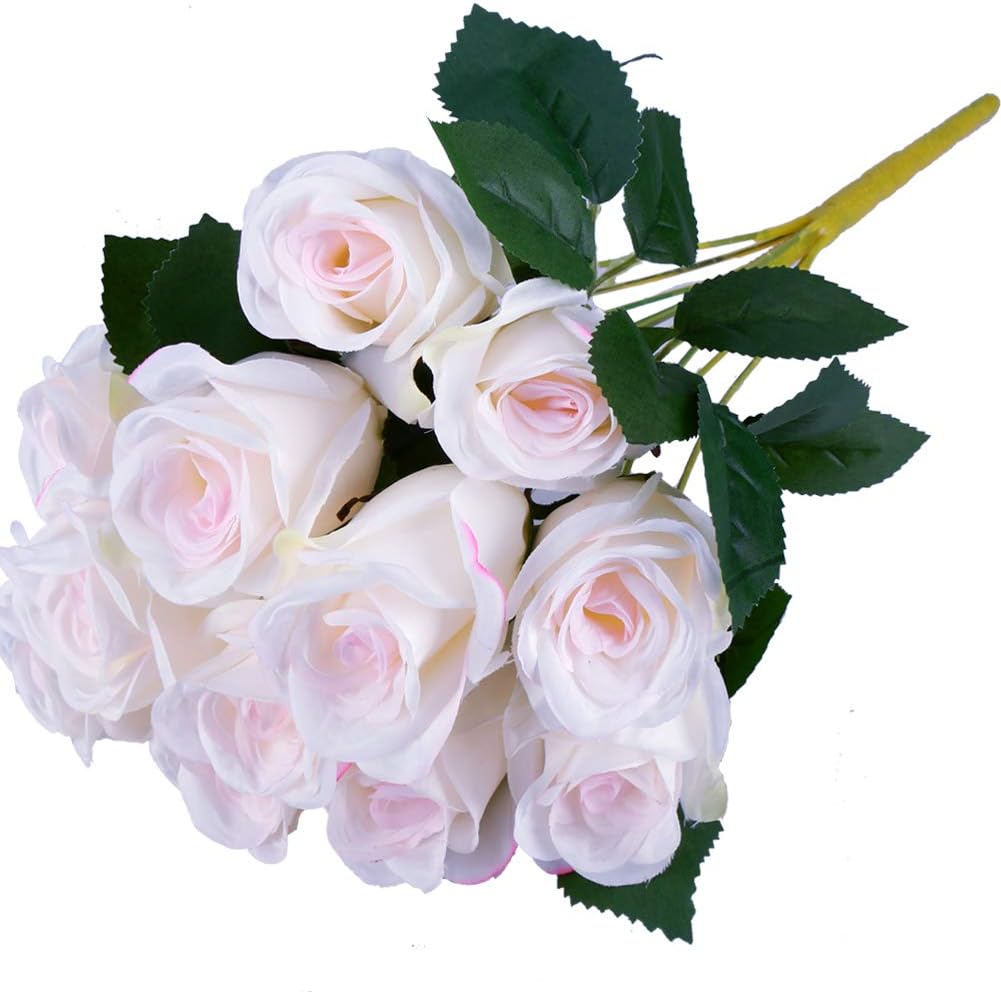 Greentime Artificial 12 Heads Vintage Rose Flowers Faux 16 Inches Silk Rose Bouquet for DIY Wedding Bridal Home Table Centerpiece Decoration (White)