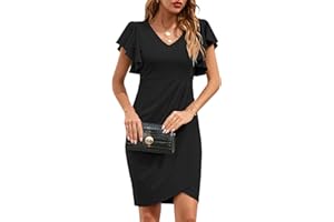 IHOT Women's V Neck Ruffle Sleeve Bodycon Sheath Wrap Ruched Casual Cocktail Party Work Dresses