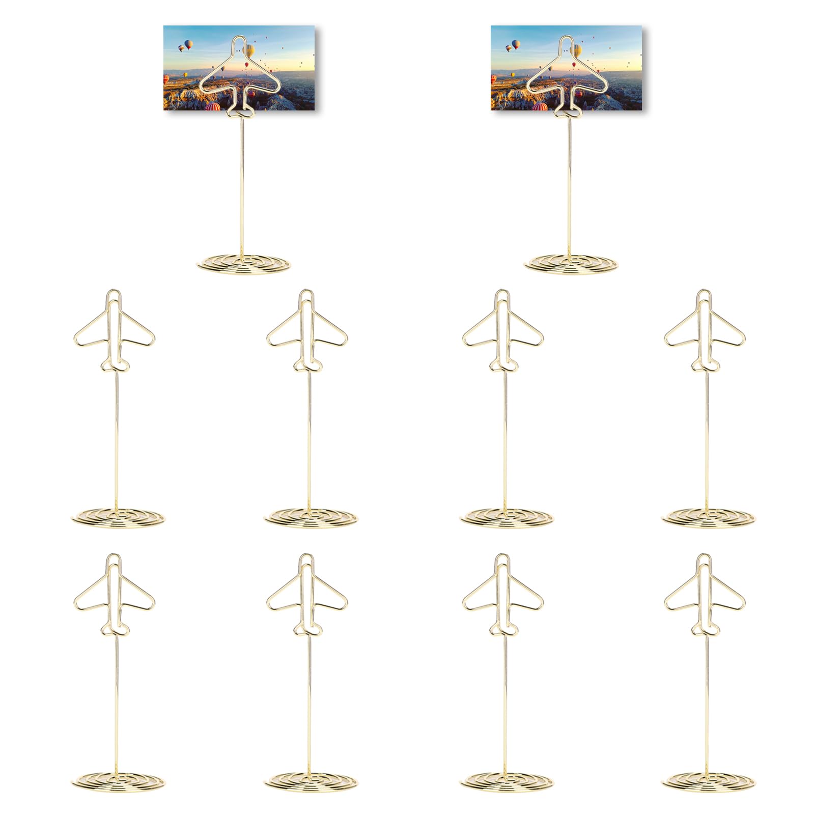 10Pcs Table Number Holders, Mini Place Card Holders, Tall Table Number Stands, Golden Airplane Holder with Base, Table Card Holder Stands