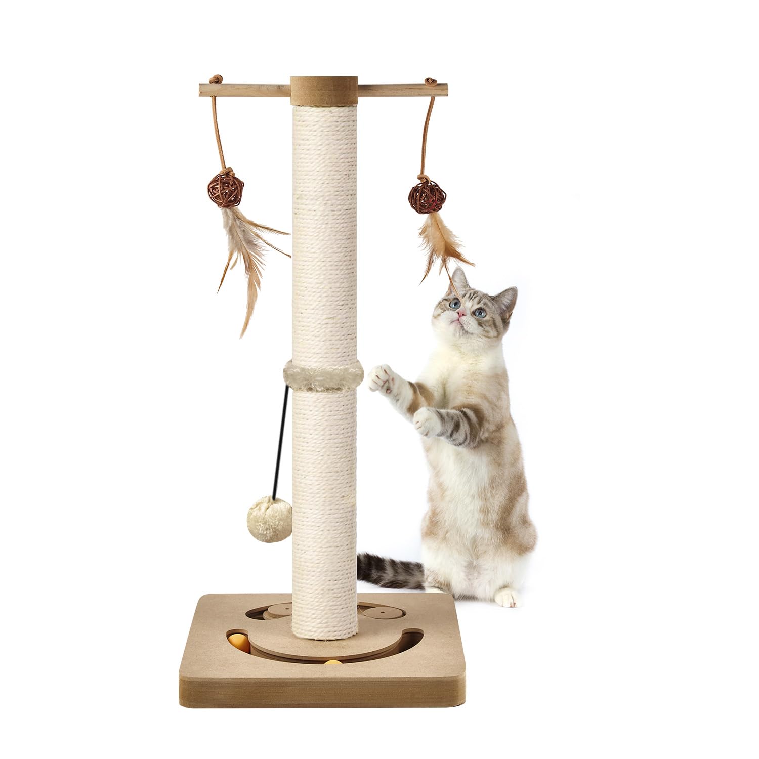 AUSCAT Cat Scratching Post with Multiple Interactive Toys, Vertical Sisal Cat Scratcher for Indoor Cats and Kittens- 63 cm 25 inches Beige
