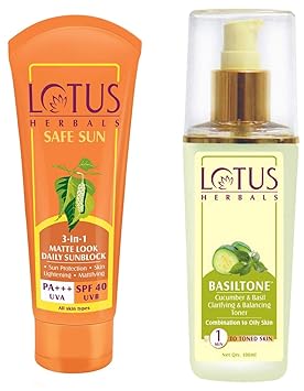 Lotus Herbals Safe Sun 3-In-1 Matte Look Daily Sunblock SPF-40, 50g & Herbals Basiltone Cucumber Basil Clarifying And Balancing Toner, 100ml Combo