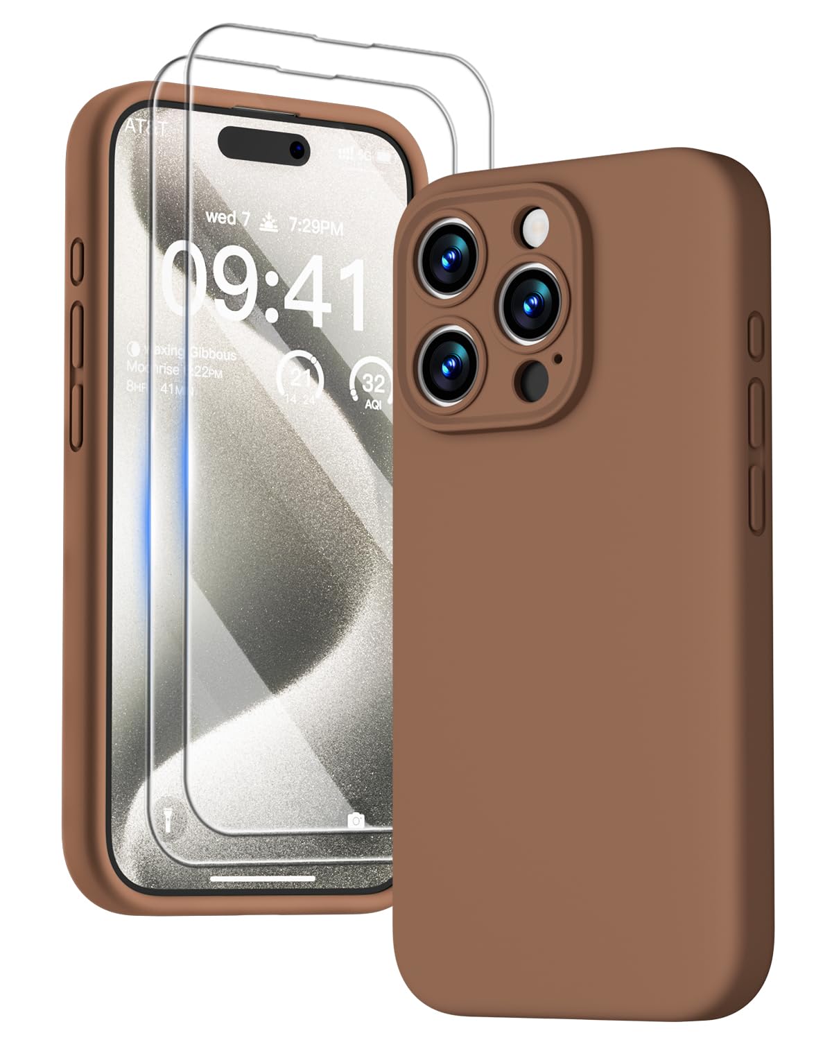 GOODVISH 3 in 1 Case for iPhone 15 Pro Case, [2X HD Screen Protector][Upgraded Camera Protection] Shockproof Liquid Silicone Soft Microfiber Lining Smooth Protective Phone Case Cover 6.1", Brown — image 1