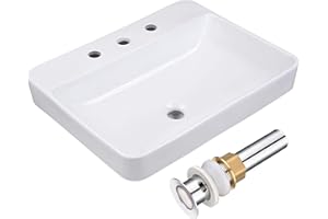Aquaterior 23" x 18" Rectangle Drop In Bathroom Sink White Ceramic Above Counter Semi Recessed Vessel Sink with 3 Widespread Faucet Holes Pop up Drain