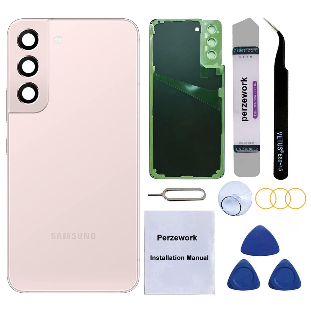 Photo 1 of Perzework Rear Back Glass Replacement for Samsung Galaxy S22 6.1 inches 5G with Reparing Toolkit and Pre-Installed Adhesive (Pink Gold)