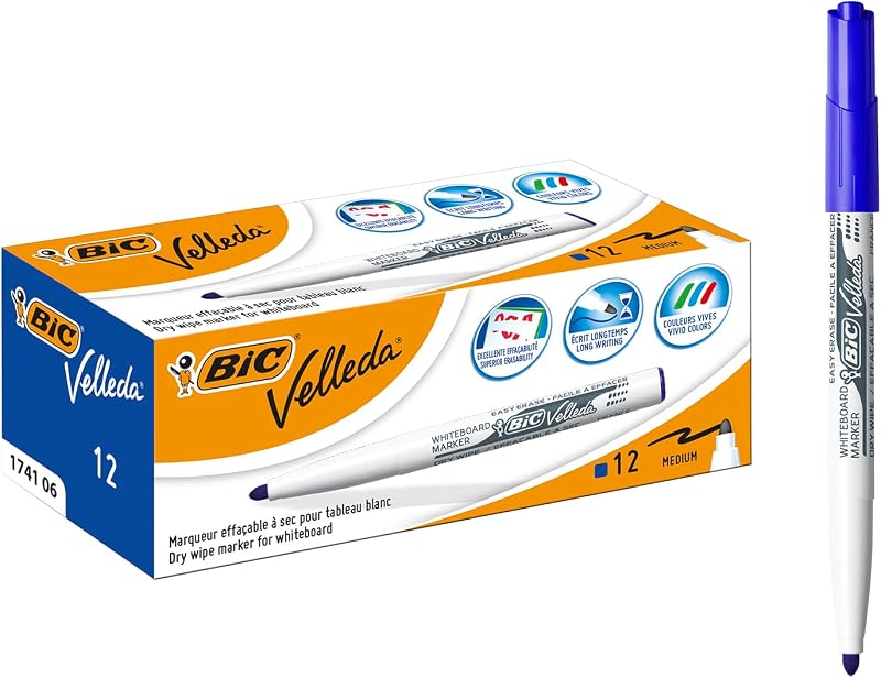 Velleda, Pennarelli Blu Lavagna Bianca, Pennarelli Cancellabili con Punta Media Tonda, 4,5 mm, Confezione da 12, Fornitura Cancelleria Scuola e Ufficio