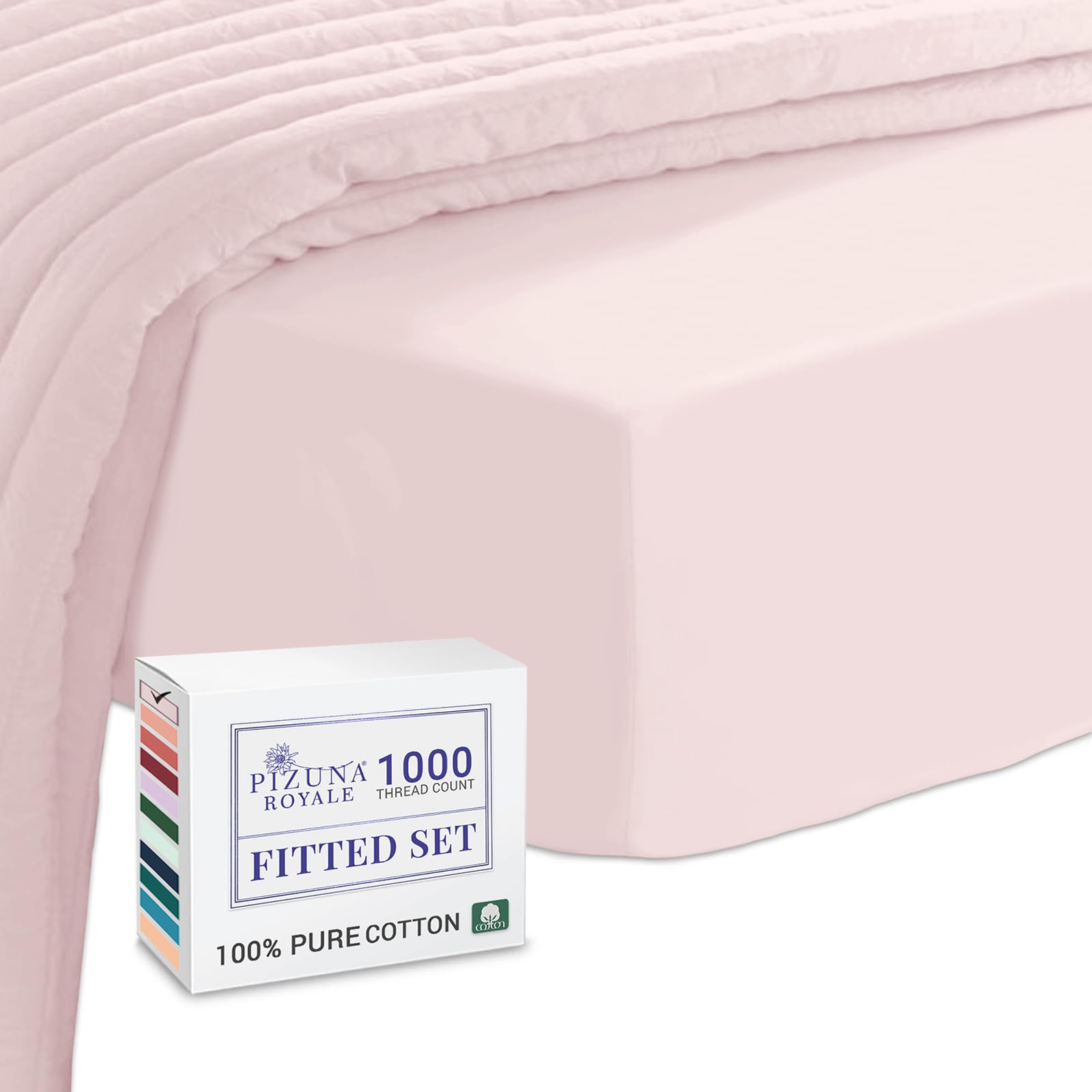 Pizuna Luxurious Cotton Emperor Size Fitted Sheets Light Pink, 1000 Thread Count 100% Long Staple Cotton Emperor Fitted Sheets 200x200cm, Sateen Weave Thick Fitted Sheet Extra Deep 40 cm Fit - 1 PC