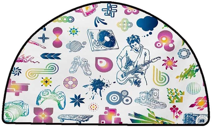 Cute Design Anti-Slip Floor MAT Colorful Music,Modern Design Boy Teenager Guitarist with Butterflies Playstation Ombre Digital Image,Multicolor,W31 x L20 Half Round Bath Rugs for Bathroom Non Slip