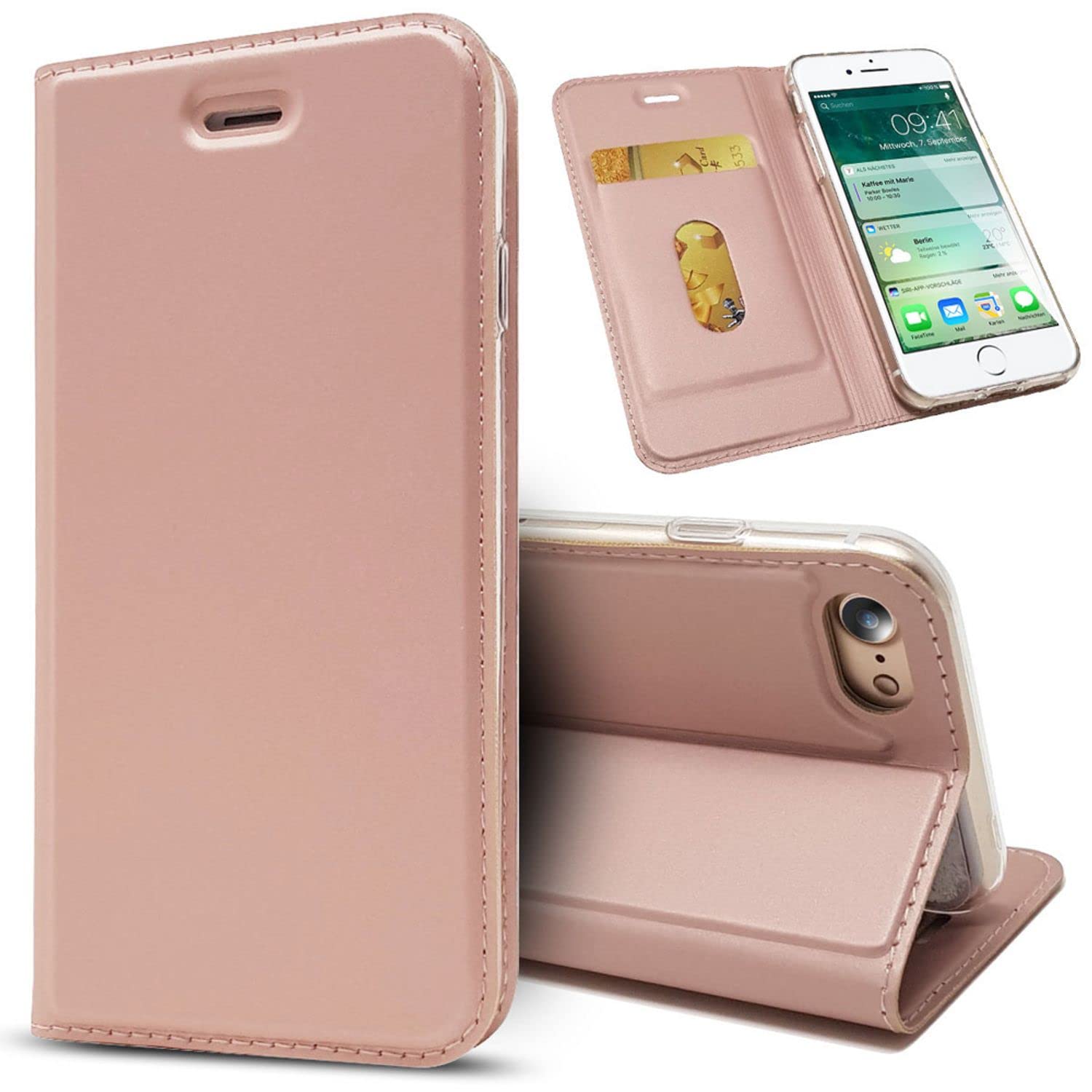 NALIA Flip Case compatible with iPhone SE 2022 / SE 2020/8 / 7, Thin Faux Leather Phone Hard Cover Protective 360 Degree Full Body Book, Shockproof Skin Bumper Front & Back Wallet, Color:Rose Gold