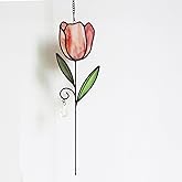 WeDcpcin Stained Glass Tulip Window Hanging Panel, Flower Sun Catcher Home Decoration Gift for Mothers, Wives, Girlfriends, and Lovers (Pink, Green B)