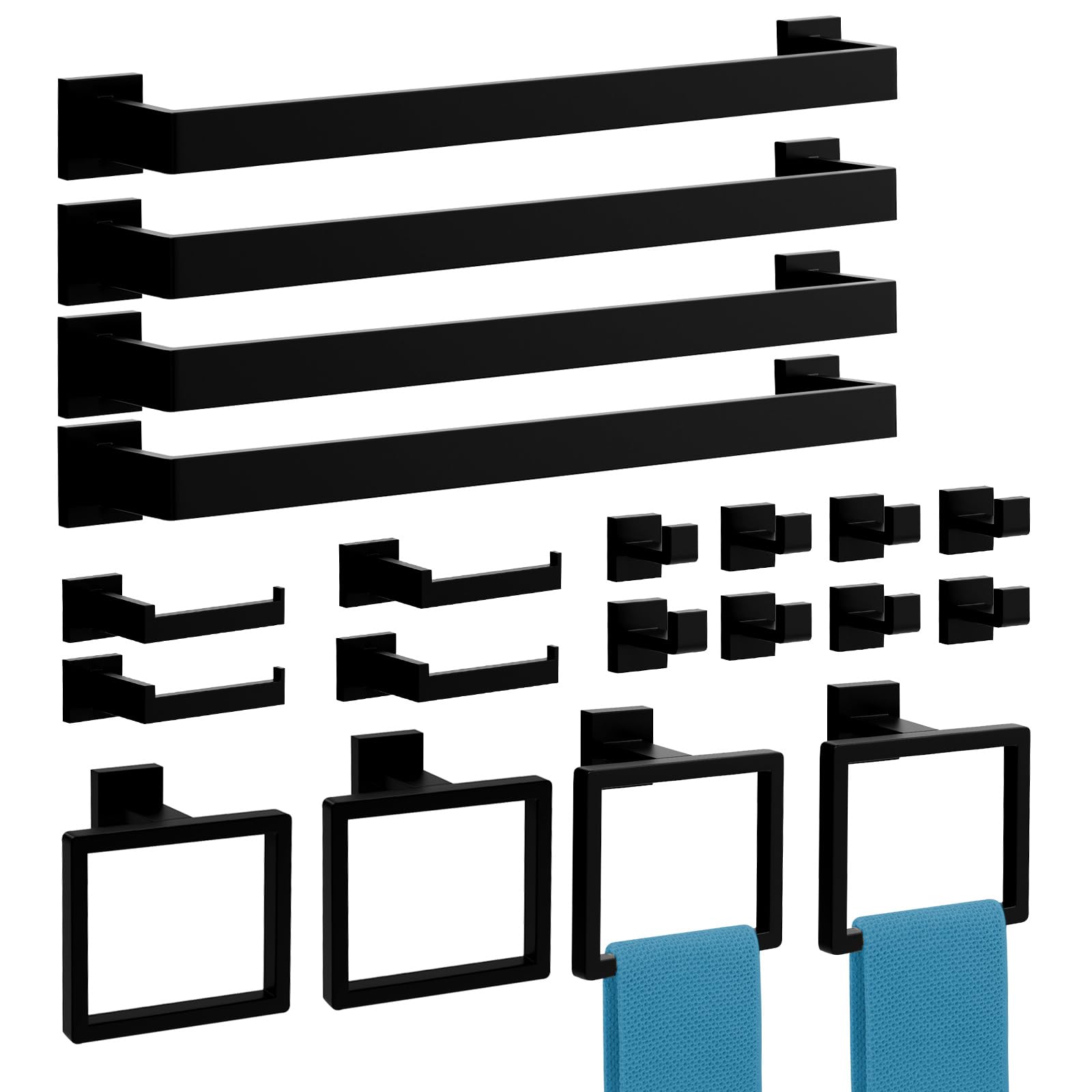 Photo 1 of 20-Pieces Matte Black Bathroom Accessories Set, 16 Inch Bath Towel Bar Set, SUS 304 Stainless Steel Bathroom Hardware Set, Towel Racks for Bathroom Wall Mounted