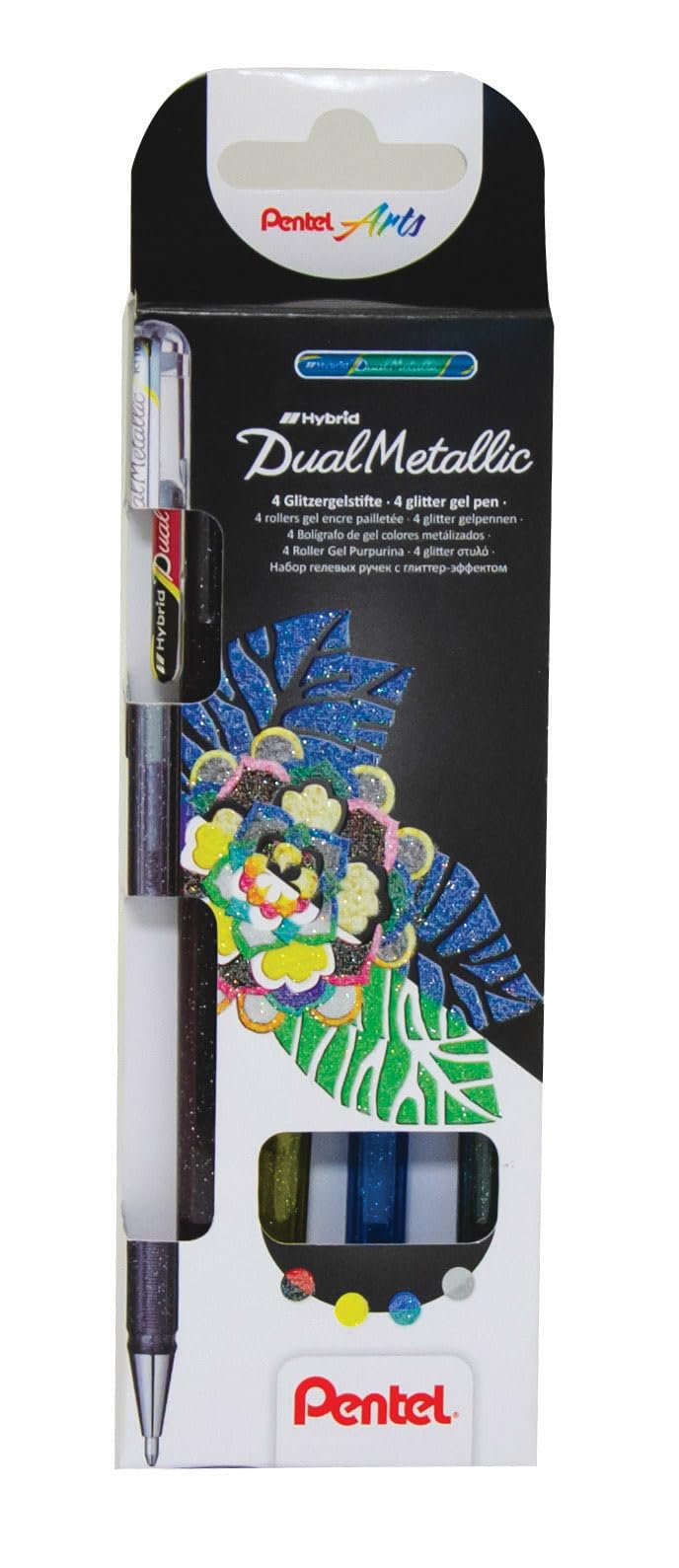Pentel Hybrid Dual Metallic wallet, 4 Gel pens, Black, Blue, Gold & Silver (1 of each)