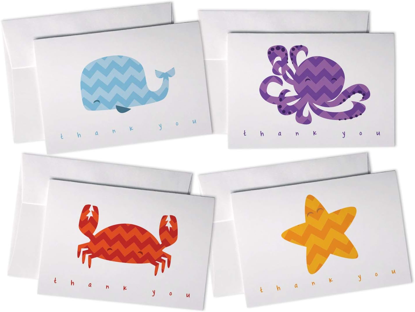 Under The Sea Chevron Animals Thank You Cards Variety Pack - For Baby Showers or Kids - 48 Cards with Envelopes and Colorful Sticker Seals