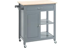 HOMCOM Rolling Kitchen Cart with Wood Top and Drawer, Kitchen Island on Wheels for Dining Room, Grey