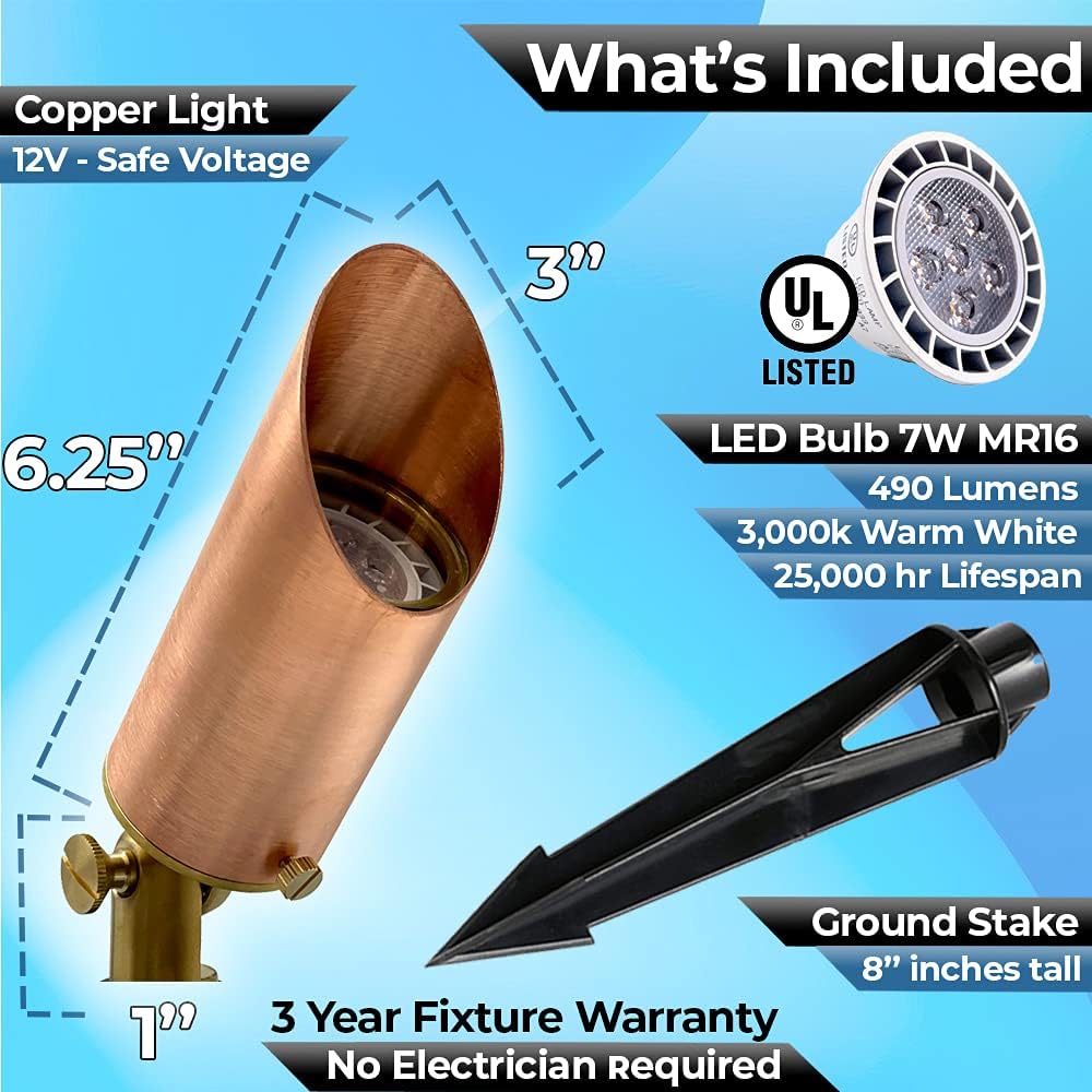 Brass Spot Lights Outdoor LED Landscape Lights – 109 Professional Grade Copper 12V Low Voltage Landscape Lighting with Bulbs 7W; IP 65 Waterproof Metal Up Light for House Pathway Trees Flag Plants - - 