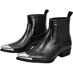 JYTDUN Men's Western Chelsea Boots, Black Leather, Silver Metal Square Toe, Embroidered Slip-On Ankle Boot