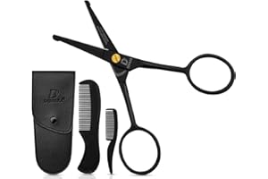 DEMAXA Professional Mustache Scissors with 1 Mustache Comb, 1 Beard Comb & Soft Pouch – 4.5" Round Tip Safety Scissors for Nose Hair, Ear Hair, Mustache, Beard Trimming – Best Facial Hair Scissors