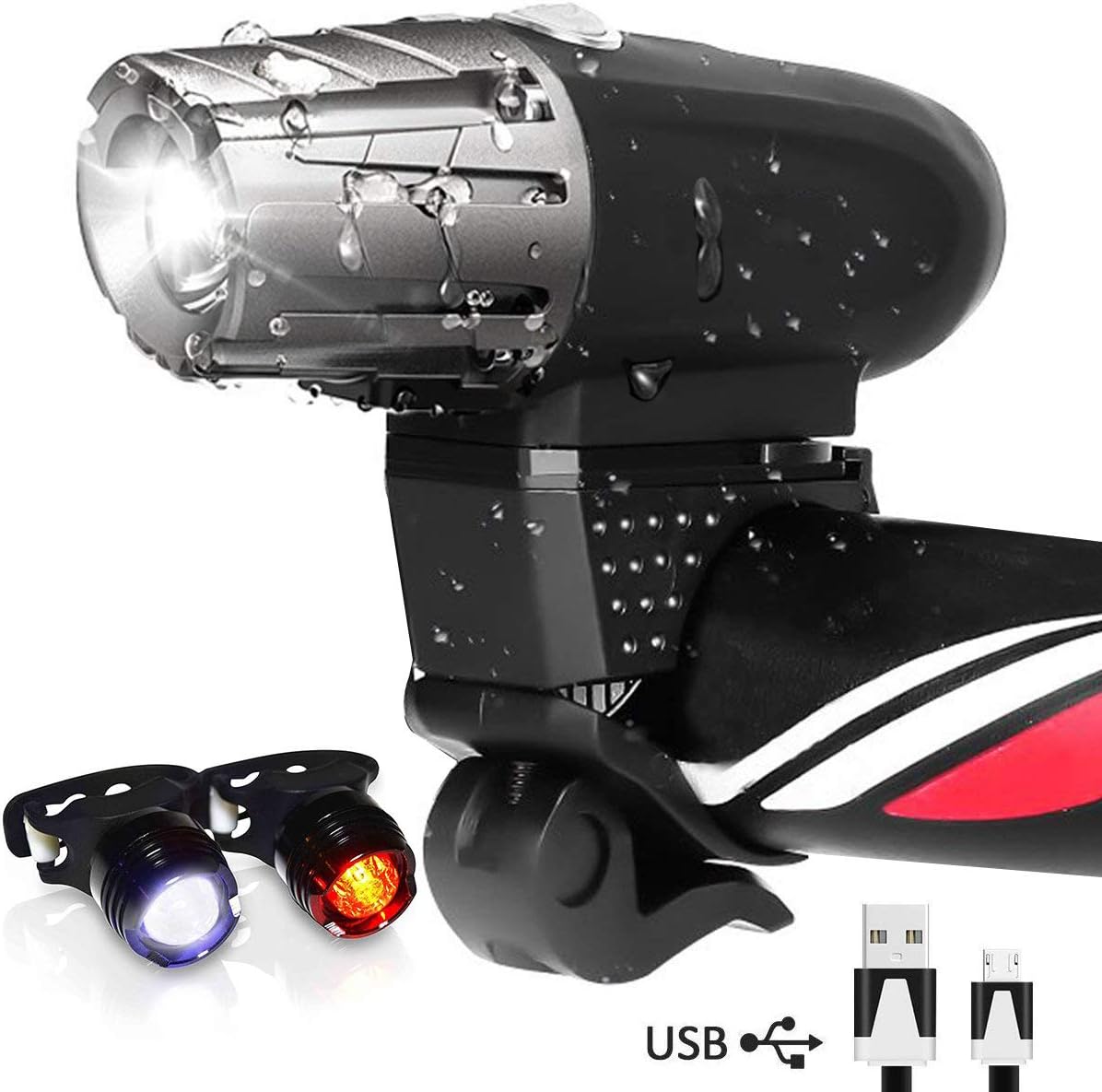 AOMEES LED Bike Light Set, LED Bike Lights Torch Front Headlight & Tail Light USB Rechargeable Front Lights Waterproof
