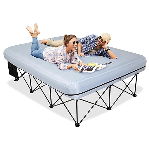 FUNDANGO Double Camping Bed with Inflatable Air Mattress Folding 2 Person Camp Beds Camping Cot Portable AirBed with Pump Side Table Sleeping Cot Guest Bed for Travel Fishing Picnic Indoor