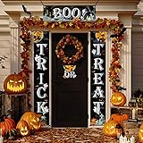 Chuangdi 4 Pieces Trick OR Treat Banner Halloween Porch Sign Outdoor Indoor Hanging Sign with Pumpkin Bat Skull Cat Spider Pattern for Halloween Gate Garden Home Party Decorations (Black)