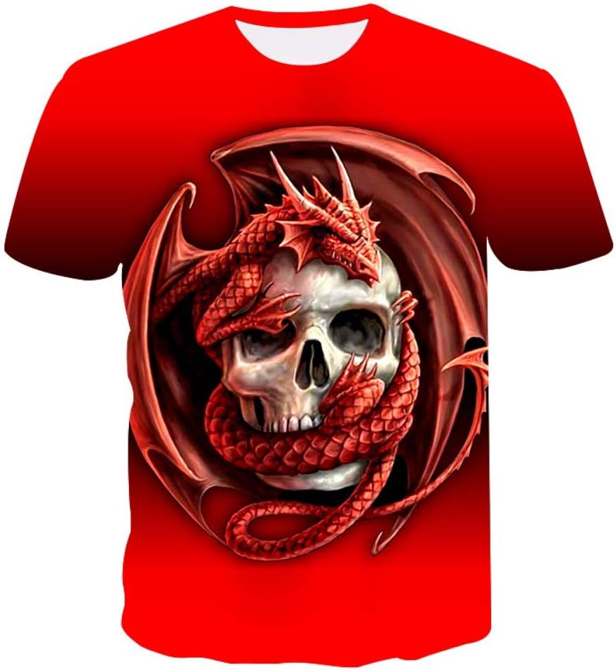 XIAOBAOZITXU 3D Digital Print T-Shirt Summer Men And Women Short Sleeves Skull And Dragon Black Unisex Lovers Clothing Cool Funny Loose Fashion Sports Large Size T-Shirt