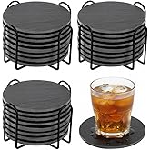 Dicunoy 24 PCS Slate Coasters, 4 Inch Round Drink Coasters with Holders, Rustic Farmhouse Style Black Marble Coasters for Bar, Kitchen, Coffee Table Decor, Housewarming, Birthday