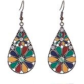 coadipress Bohemian Flower Teardrop Earrings for Women Trendy Vintage Colorful Hollow Out Flower Floral Dangle Earrings Bohemian Handmade Ethnic Statement Jewelry