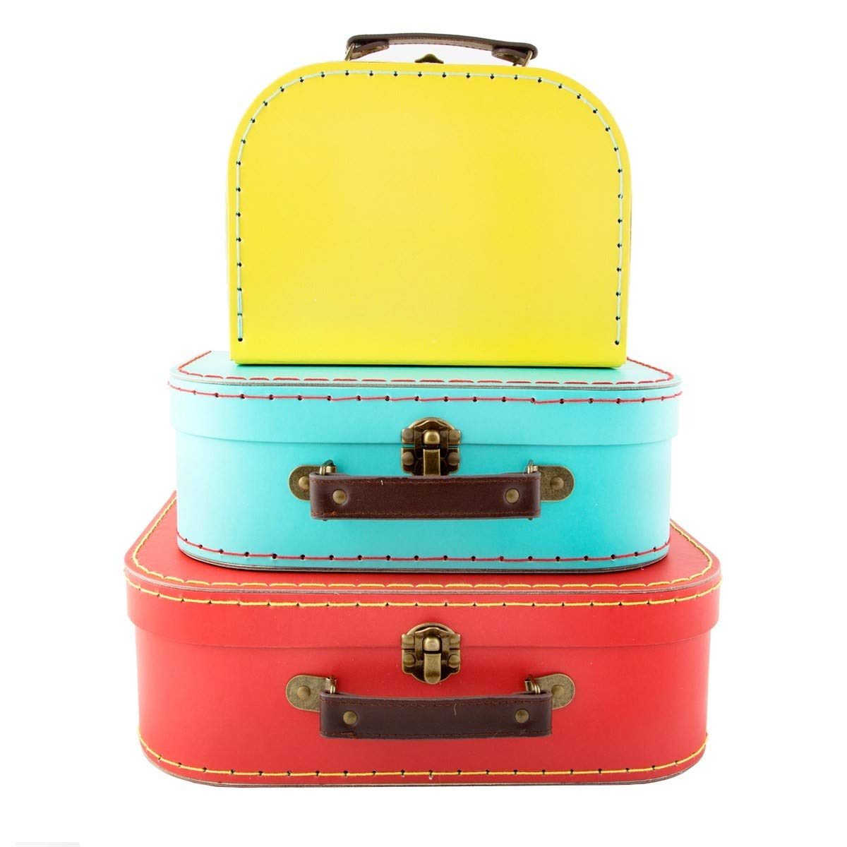 Sass & Belle Brights Retro Kids Suitcases – Set of 3 Colourful Storage Boxes. for Decorative Organisation, Vintage-Style Cardboard Cases for Bedroom or Playroom