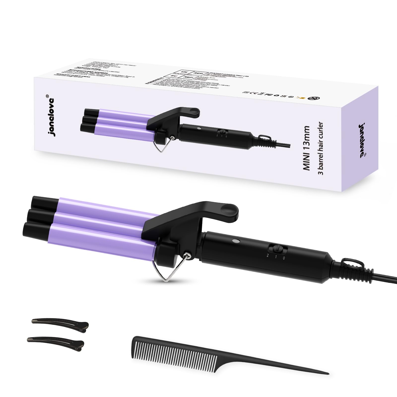 janelove Upgraded Mini Hair Waver for Short & Medium Hair, 13MM Curling Wand, 0.45lb Lightweight, Mini Size Crimper Beach Waver, Travel Friendly,Adjustable Temperature-Purple